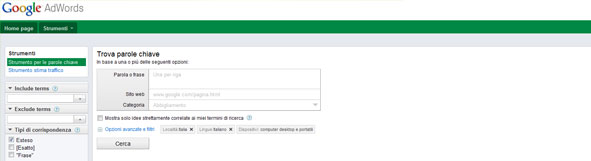 Anteprima Google Keyword Tool.